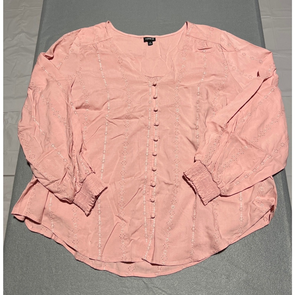 Torrid Pink Eyelet Embroidered Button Front Blouse V-Neck Smocked Cuff Size 2